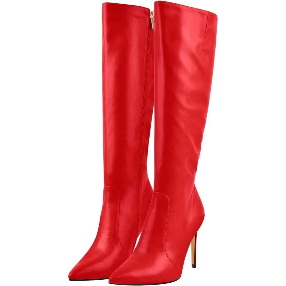 Women's Fux- Leather Red Knee High Pointed Toe Stiletto High Heel Stylish Boot